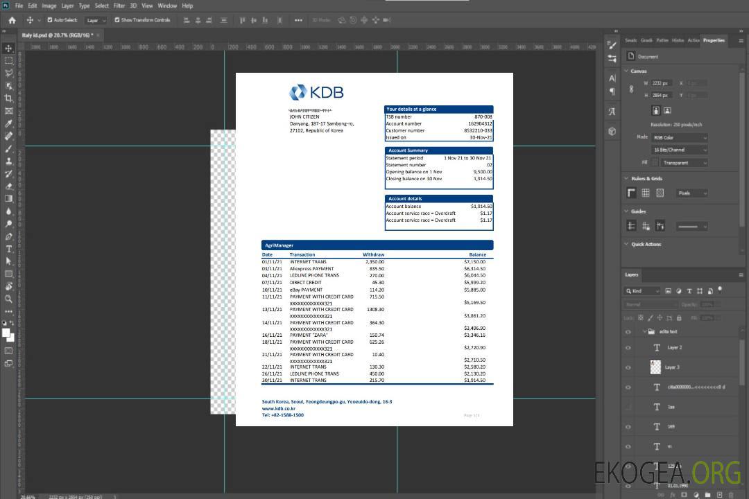 Relevé bancaire KDB de Corée du Sud, modèle facile à remplir au format Excel et PDF template